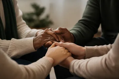 United Prayer Group Hands in Evergreen Light