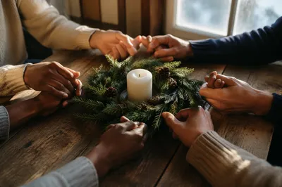 Prayer Hands Around Evergreen Wreath