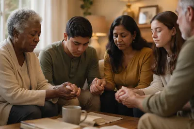 Multigenerational Prayer Circle in Cozy Living Room