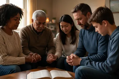 Multigenerational Prayer Group Holding Hands Indoors