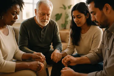 Intergenerational Group Holding Hands in Living Room