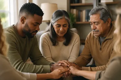 Multigenerational Prayer Circle in Bright Living Room