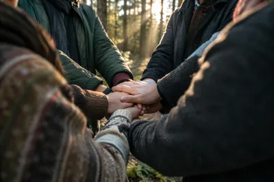 Prayer Circle Hands in Evergreen Forest
