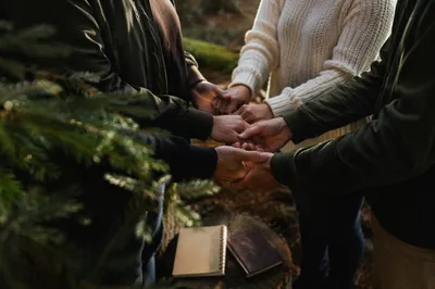 Prayer Group Hands in Evergreen Forest