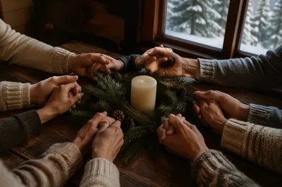 Prayer Group Hands Around Evergreen Candle