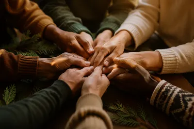 Prayer Group Hands Joined in Evergreen Hope