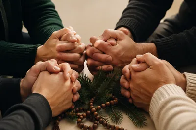 Prayer Group Hands with Evergreen Sprigs