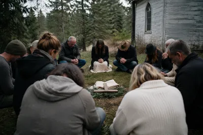 Joined Hands Prayer Circle by Wooden Chapel
