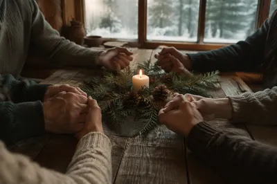 Prayer Group Hands Around Evergreen Table