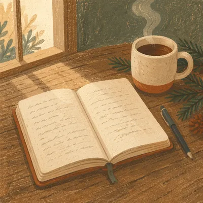 Morning Prayer Journal with Coffee and Evergreens