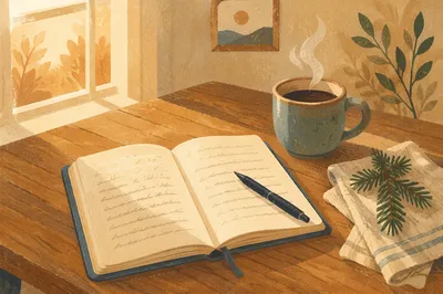 Morning Prayer Journal with Coffee and Evergreen