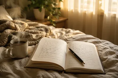 Open Journal with Coffee on Bed