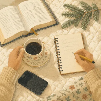Morning Prayer Journal with Coffee and Evergreen