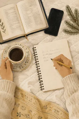 Morning Prayer Journal with Coffee and Evergreen