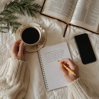 Morning Prayer Journal With Coffee and Evergreen