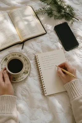 Morning Prayer Journal with Coffee and Evergreen