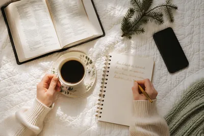 Morning Prayer Journal with Coffee and Evergreen