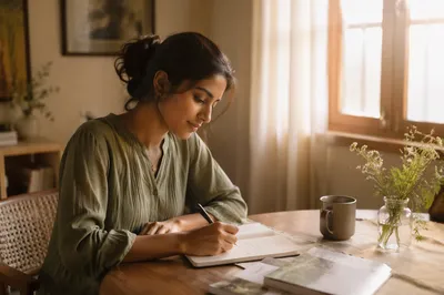 Woman Writing Journal by Sunlit Window