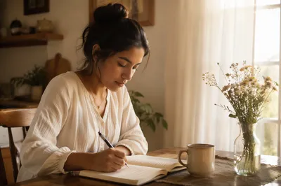 Young Woman Writing Journal in Morning Light