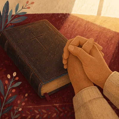 Praying Hands Beside Leather Bible