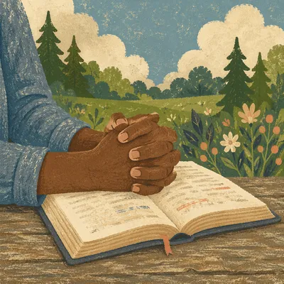 Praying Hands on Bible in Evergreen Light
