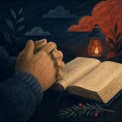 Praying Hands Beside Bible with Evergreen Sprig