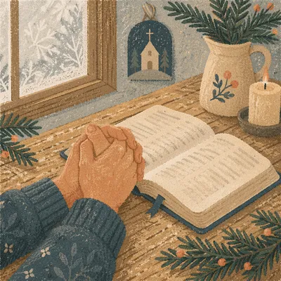 Praying Hands Beside Bible with Evergreen