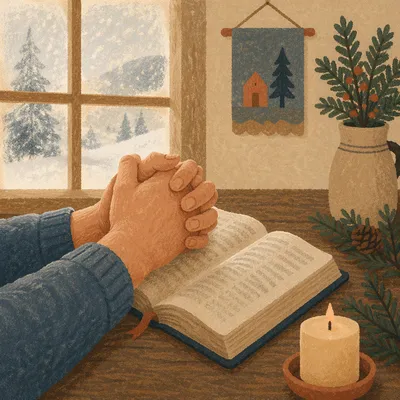 Praying Hands Over Bible with Evergreen Sprigs