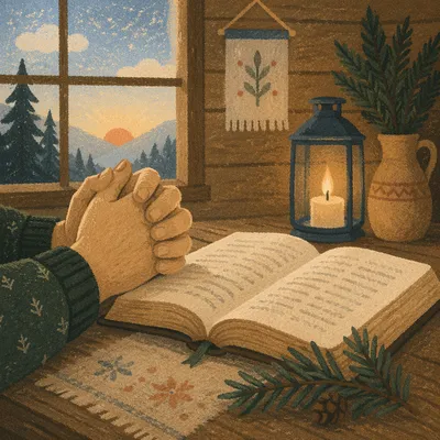 Praying Hands Beside Bible with Evergreen Hope