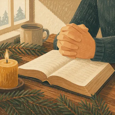 Praying Hands on Bible with Evergreen