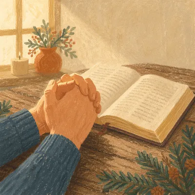 Praying Hands Beside Bible and Evergreen