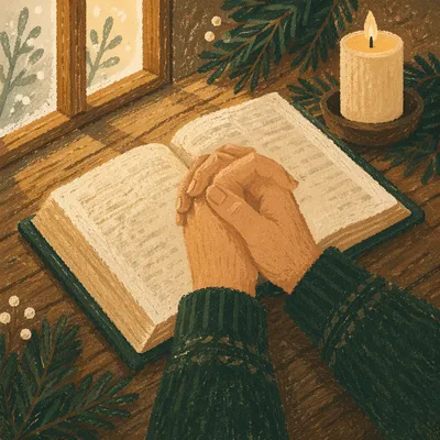 Praying Hands Over Bible With Evergreen