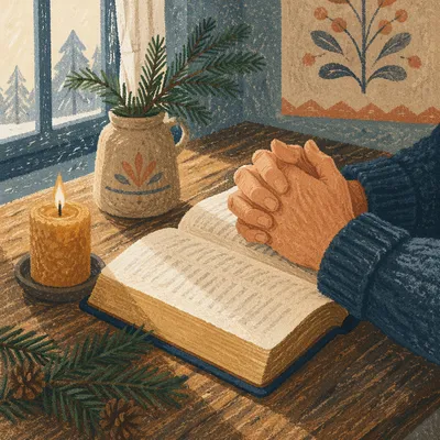 Praying Hands on Bible with Evergreen