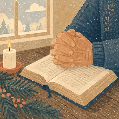 Praying Hands on Bible with Evergreen