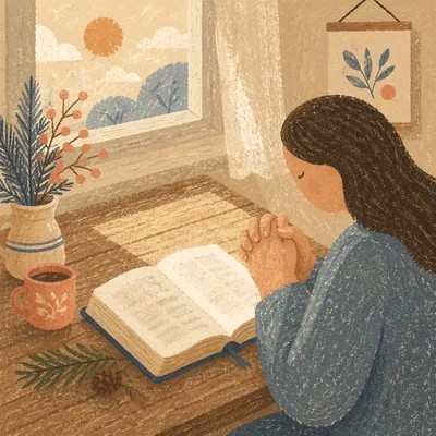 Praying Hands by Open Bible with Evergreen