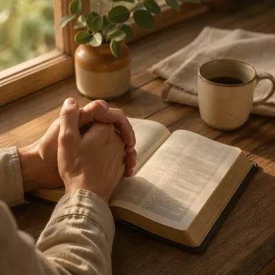 Praying Hands Over Open Bible