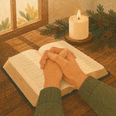 Praying Hands Over Bible with Evergreens