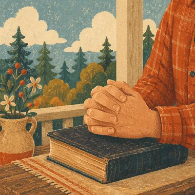 Praying Hands on Bible by Evergreens