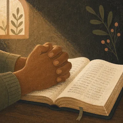 Praying Hands Resting on Open Bible