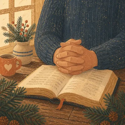 Praying Hands Over Bible with Evergreen Sprigs