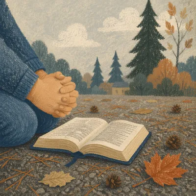 Praying Hands Beside Bible on Evergreen Path