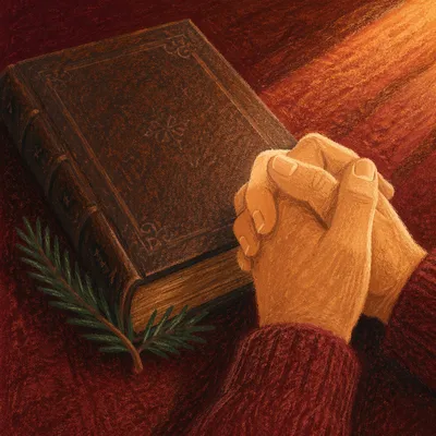 Praying Hands Beside Bible and Evergreen Sprig