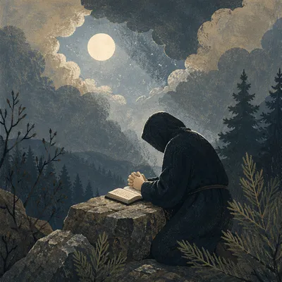 Praying Hands Over Bible in Moonlit Evergreens