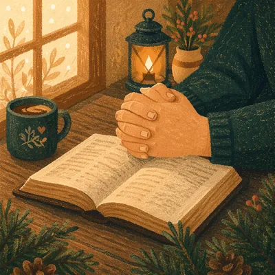 Praying Hands Over Bible with Evergreen