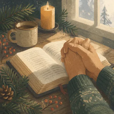 Praying Hands Over Bible with Evergreens
