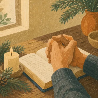 Praying Hands Over Bible with Evergreen