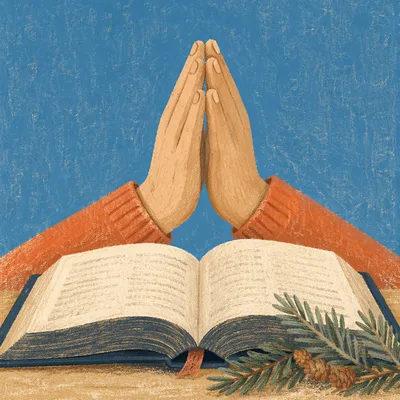 Praying Hands Above Bible With Evergreen