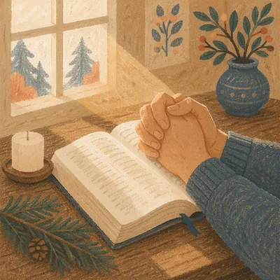 Praying Hands Beside Bible with Evergreen