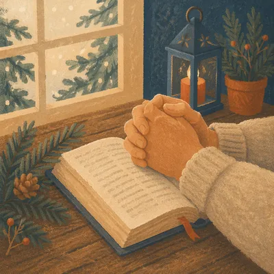 Praying Hands on Bible with Evergreen Sprig