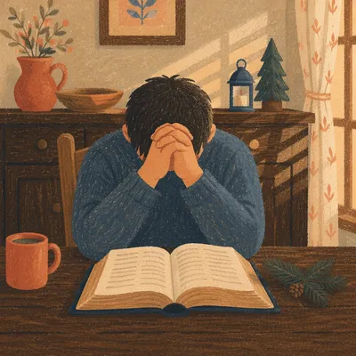 Praying Hands Over Bible with Evergreen Sprig